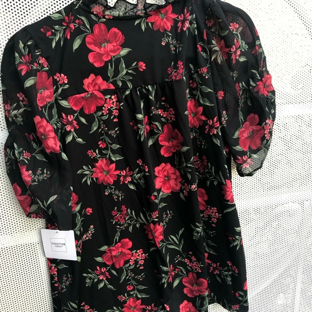 PerSeption Concept Black Blouse with Red Floral Print